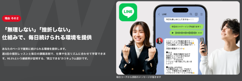 週3回の個別レッスンと毎日の課題添削をLINEで受ける仕組みと継続率95.5%を紹介する90 English公式サイトの画面