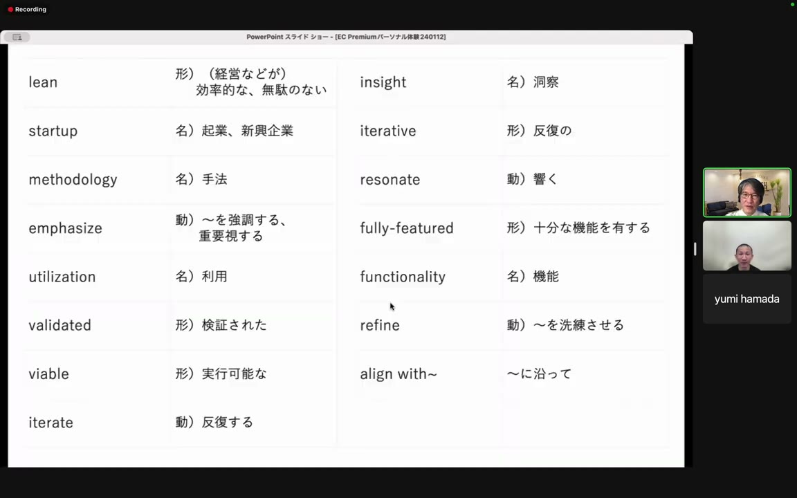 授業で使われた英単語と意味の一覧スライド