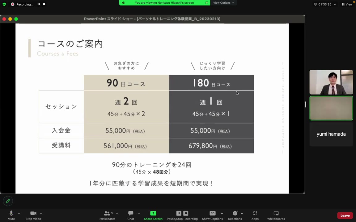 体験の終盤で見せてもらったコースと料金のスライド