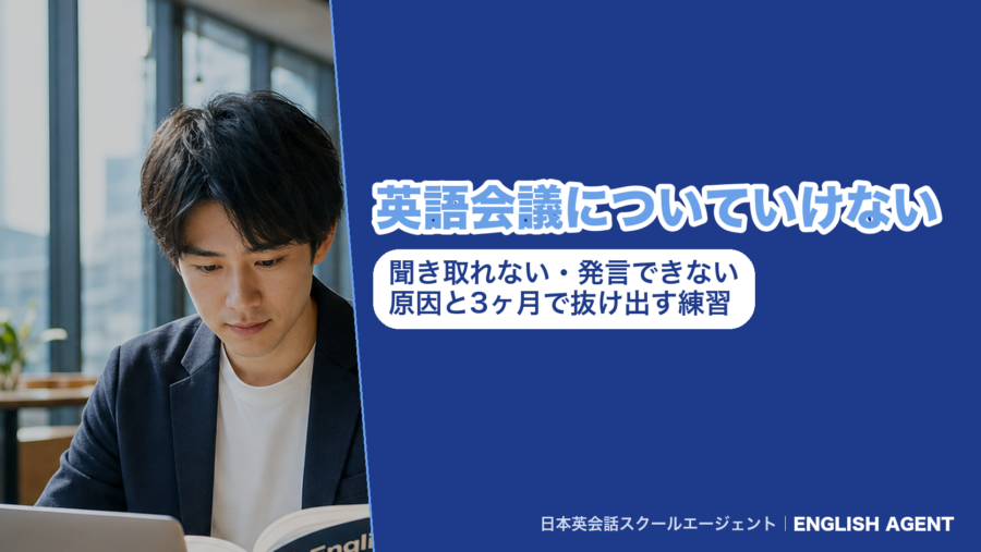「英語会議についていけない｜聞き取れない・発言できない原因と3ヶ月で抜け出す練習」と書いた紺色のアイキャッチ。左にノートパソコンと英語の本に向かうスーツ姿の男性の写真