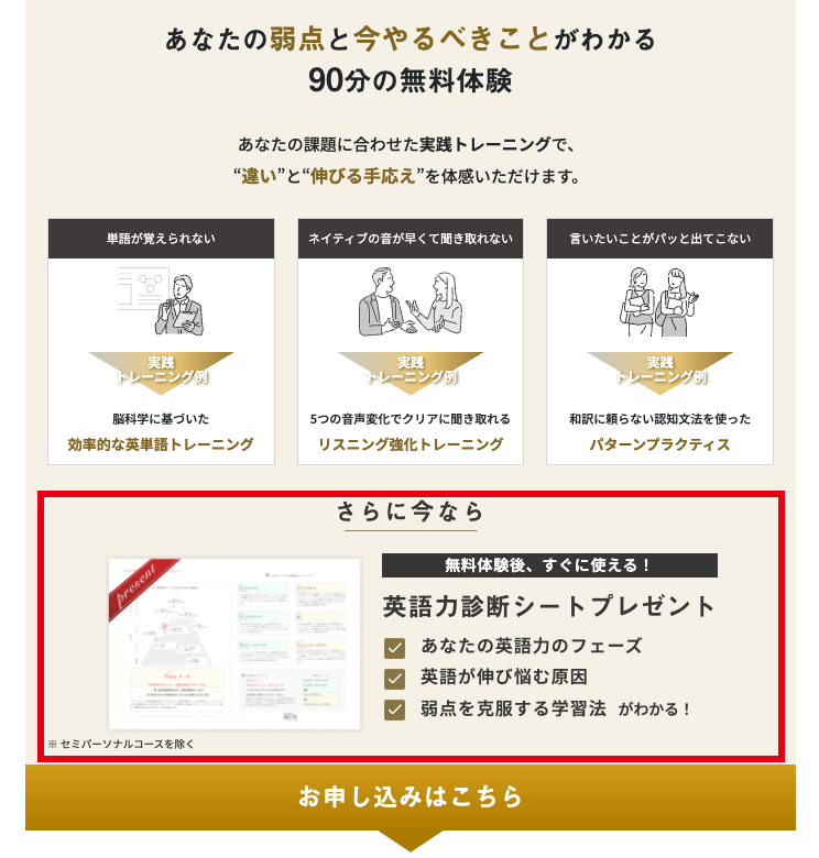ENGLISH COMPANYの無料体験ページ。赤枠は体験後にもらえる英語力診断シートの案内で、英語力のフェーズ・伸び悩む原因・弱点を克服する学習法が分かる（セミパーソナルコースを除く）