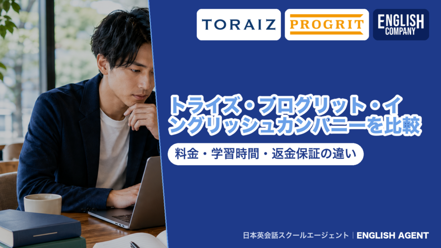 トライズ・プログリット・イングリッシュカンパニーの料金・学習時間・返金保証を比べた記事のアイキャッチ。右上に3社の公式ロゴ