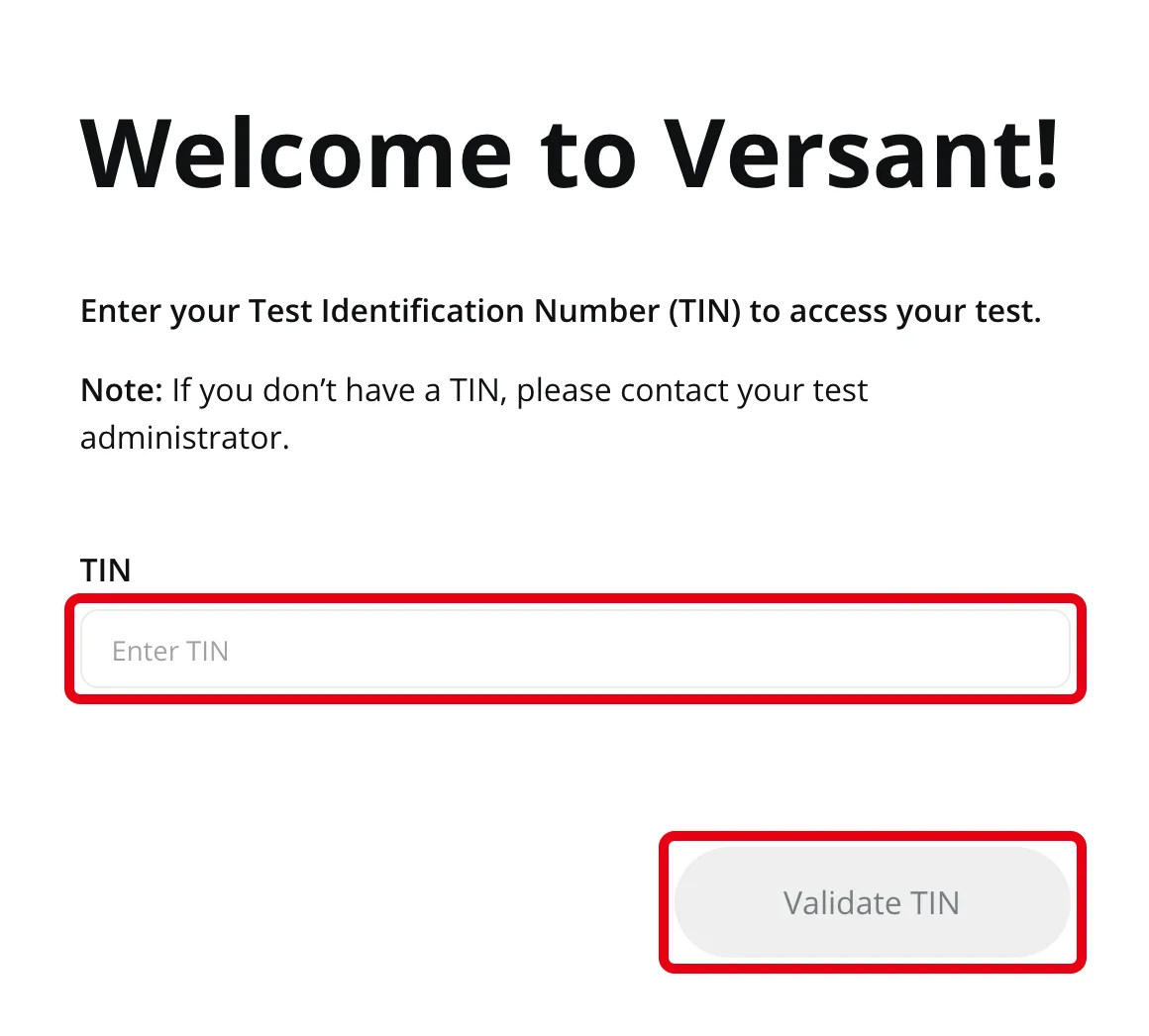 Pearsonの受験ページ。TINの入力欄とValidate TINボタンを赤枠で囲んだ画面