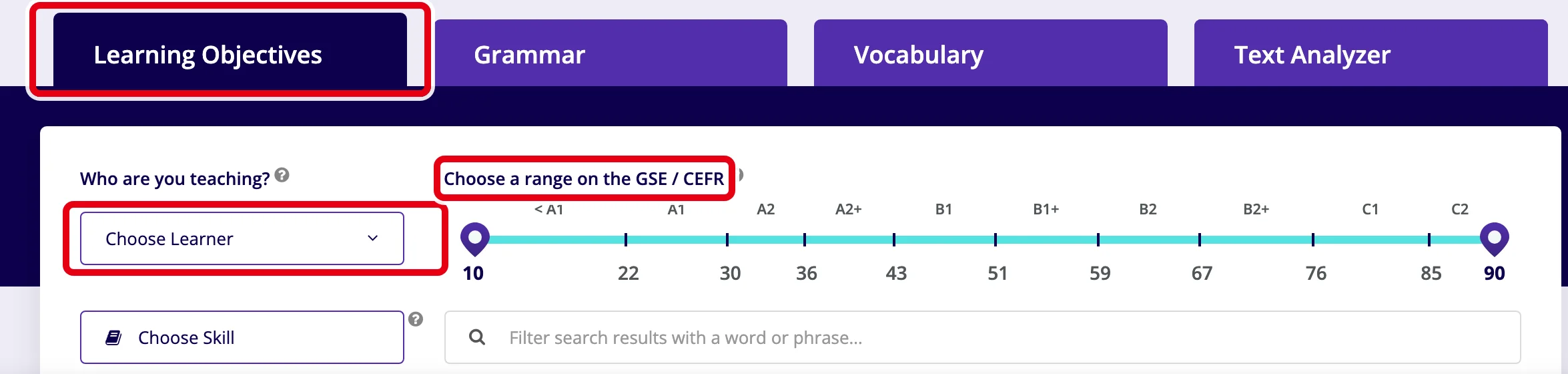 GSE Teacher Toolkitの画面。Learning Objectivesのタブ、Choose Learner(学ぶ人の種類)、GSE/CEFRの範囲スライダーの3か所を赤枠で囲んだ画面