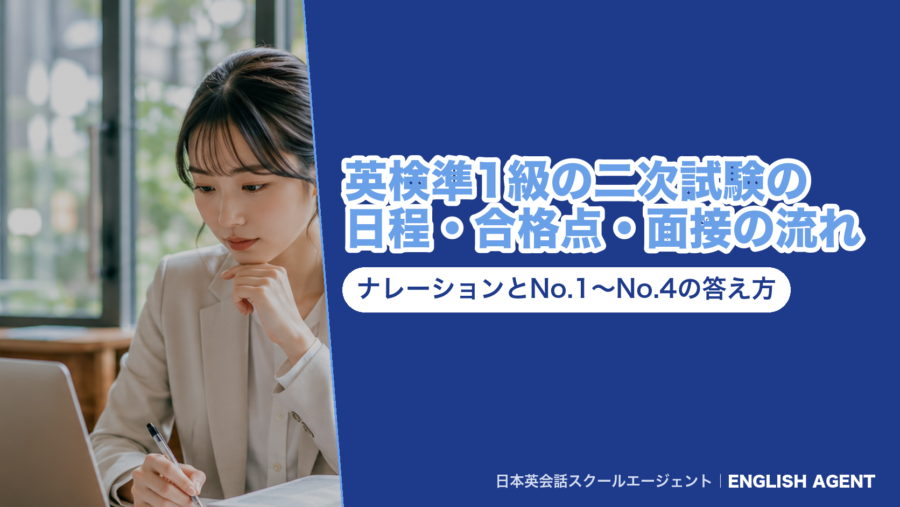 英検準1級の二次試験の日程・合格点・面接の流れと、ナレーションとNo.1〜No.4の答え方を示すENGLISH AGENTの記事タイトル画像