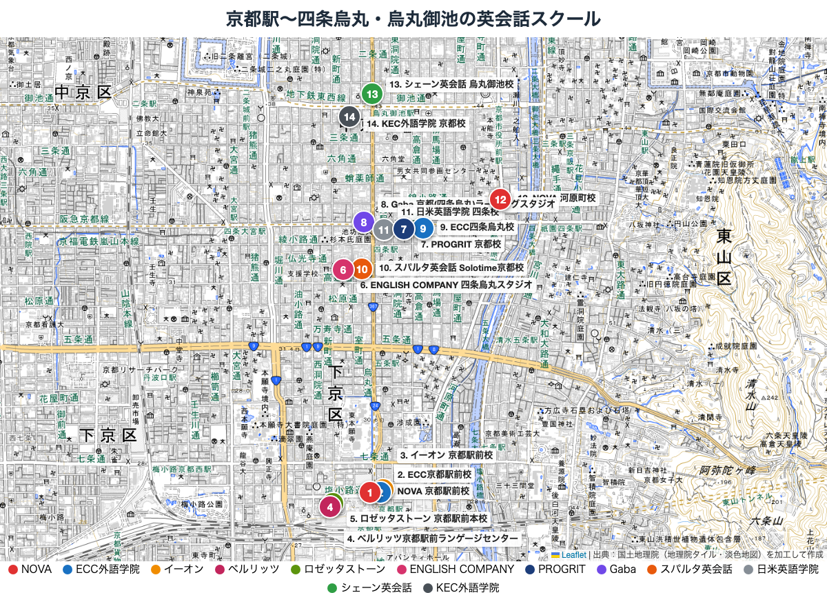 京都の中心部の英会話スクールを拡大した地図