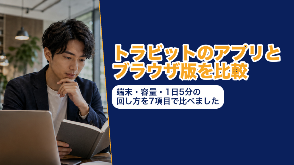 トラビットのアプリとブラウザ版を7項目で比べた結果を示したアイキャッチ。推奨はiOS 17.0以上とAndroid 9.0以上、アプリの容量は124.2MB、料金は12か月28,000円・6か月16,980円・1か月3,780円で、どちらも教材と採点は同じ